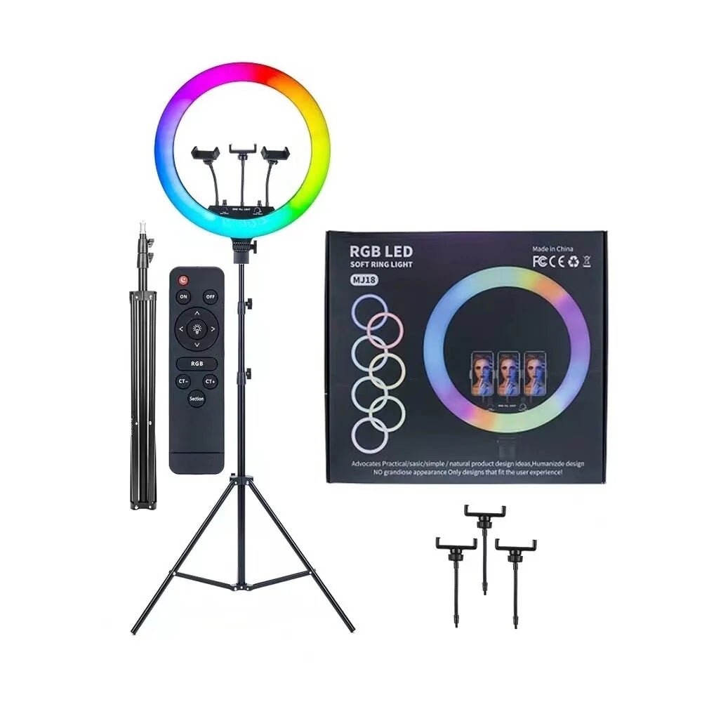 RGB LED Soft Ring Light MJ18 | 18 inch Ring Light with Tripod + Phone Holder | 16 RGB Modes | For TikTok, YouTube, Selfies, Makeup